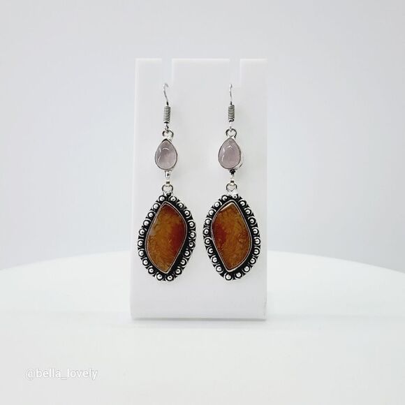 Jasper Rose Quartz Handmade Drop Dangle Earrings Jewelry 2.6" - Picture 5 of 11